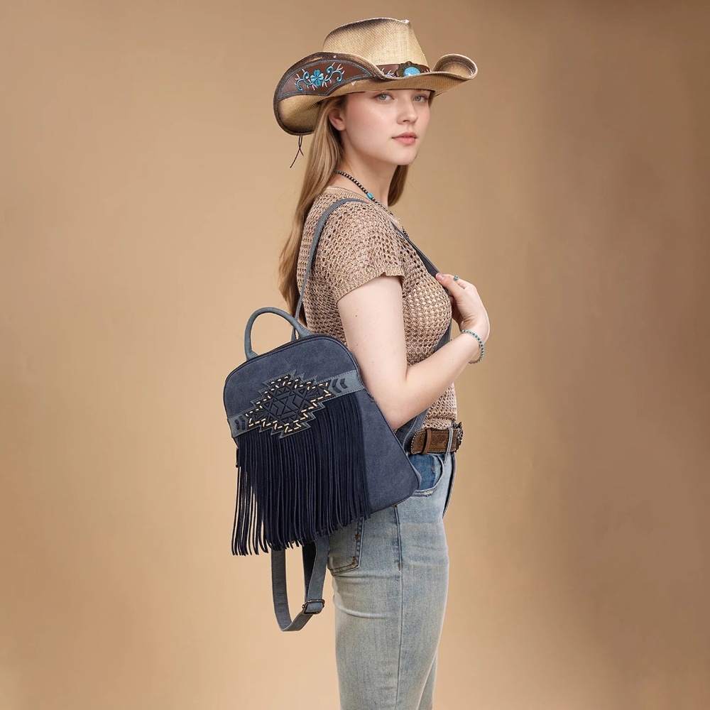 Trinity Ranch Aztec Tooled Fringe Concealed Carry Backpack Navy - Picture 3 of 5